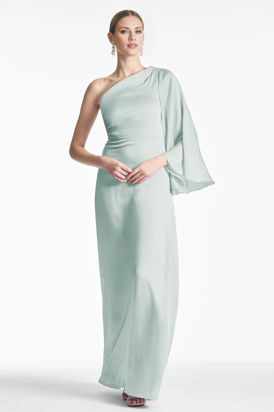 Jimiss asymmetrical neckline off shoulder long sleeved backless and floor length Prom dress